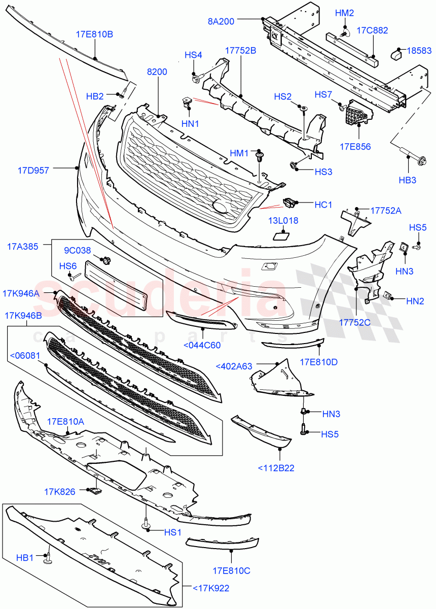 Radiator Grille And Front Bumper (Front Bumper-Nbl Blk/Stn Blk/Nbl Bk, Front Bumper-Satin Black/Satin Blk, Bumpers-Satin Black/Noble Black, Front Bumper-Nbl Blk/Stn Blk/Atlas, Bumpers-Gry/Satin Blk/Atlas) of Land Rover Land Rover Range Rover Velar (2017+) [5.0 OHC SGDI SC V8 Petrol]