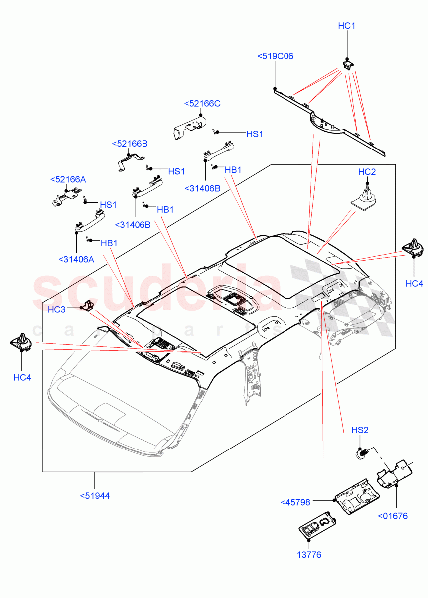 Headlining And Sun Visors (Solihull Plant Build) (Roof Conv-Front And Rear Panoramic, Version - Core, Roof Conv-Power Open Front/Rear Pan) ((V) FROMHA000001) of Land Rover Land Rover Discovery 5 (2017+) [3.0 I6 Turbo Diesel AJ20D6]