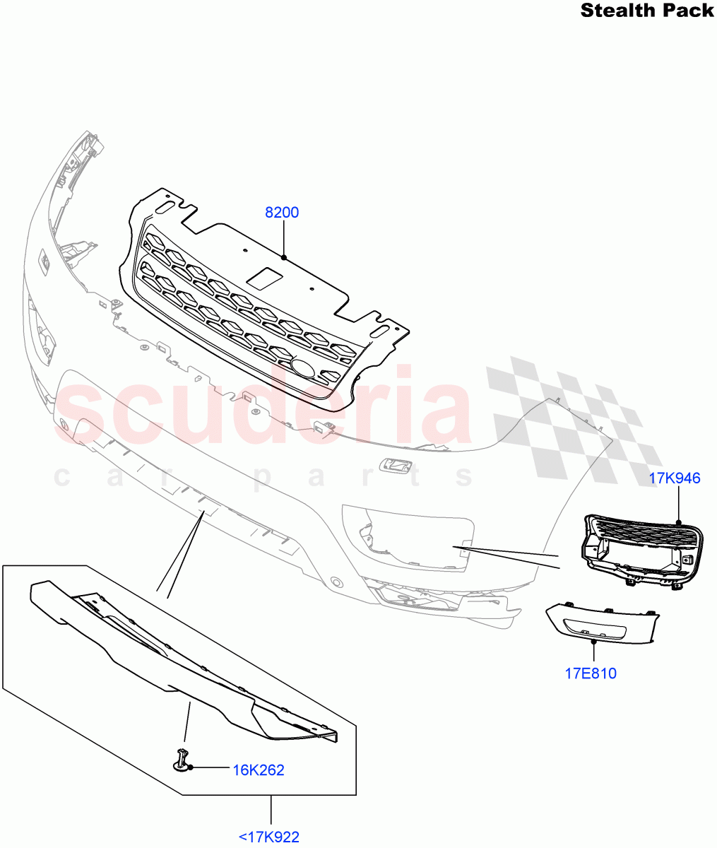 Radiator Grille And Front Bumper (Tow Eye Cover - Satin Black, Stealth Pack) ((V) FROMFA000001, (V) TOHA999999) of Land Rover Land Rover Range Rover Sport (2014+) [4.4 DOHC Diesel V8 DITC]