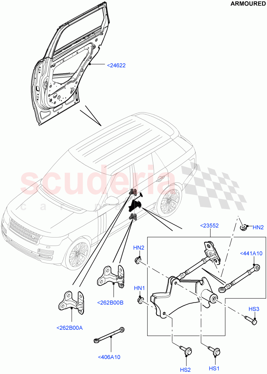 Rear Doors, Hinges & Weatherstrips (Armoured) ((V) FROMEA000001) of Land Rover Land Rover Range Rover (2012-2021) [3.0 I6 Turbo Diesel AJ20D6]