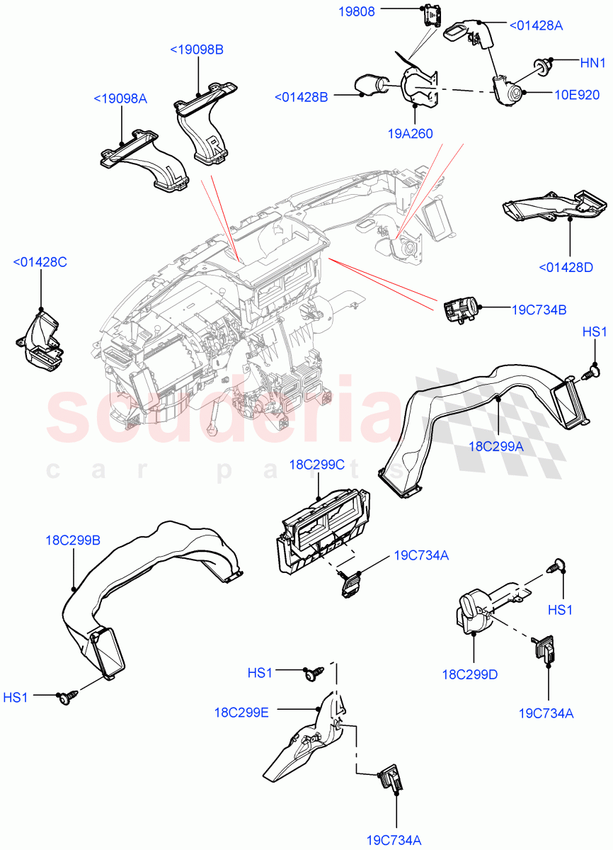 Air Vents, Louvres And Ducts (Instrument Panel, Nitra Plant Build, Internal Components) (Head Up Display) ((V) FROMK2000001) of Land Rover Land Rover Discovery 5 (2017+) [3.0 I6 Turbo Petrol AJ20P6]