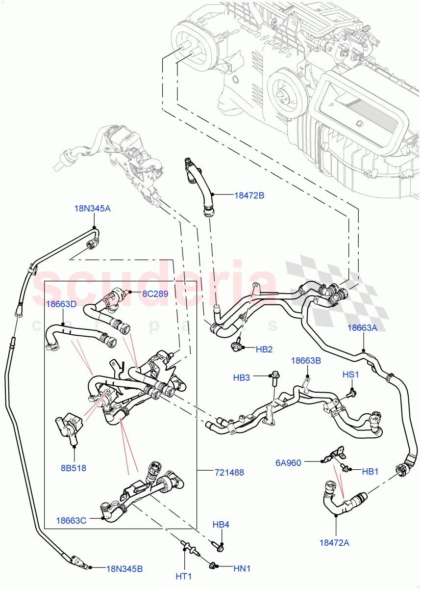 Heater Hoses (Front) (2.0L I4 High DOHC AJ200 Petrol, With Fuel Fired Heater, With Front Comfort Air Con (IHKA), Premium Air Conditioning-Front/Rear) ((V) FROMJA000001, (V) TOJA999999) of Land Rover Land Rover Range Rover Sport (2014+) [2.0 Turbo Petrol GTDI]