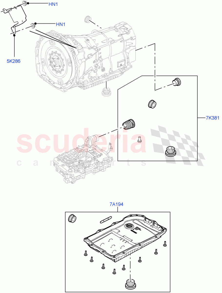 Transmission External Components (3.0 V6 Diesel Electric Hybrid Eng, 8 Speed Auto Trans ZF 8HP70 HEV 4WD, 3.0 V6 D Gen2 Mono Turbo, 3.0 V6 D Gen2 Twin Turbo) ((V) FROMEA000001) of Land Rover Land Rover Range Rover Sport (2014+) [3.0 I6 Turbo Petrol AJ20P6]