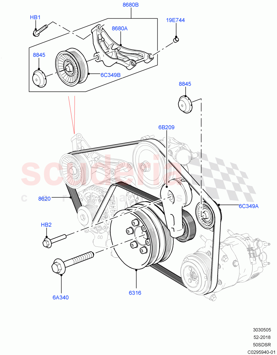 Pulleys And Drive Belts (Primary Drive) (5.0L P AJ133 DOHC CDA S/C Enhanced, With Four Corner Air Suspension, 5.0 Petrol AJ133 DOHC CDA, With Performance Suspension) ((V) FROMKA000001) of Land Rover Land Rover Range Rover Sport (2014+) [5.0 OHC SGDI SC V8 Petrol]