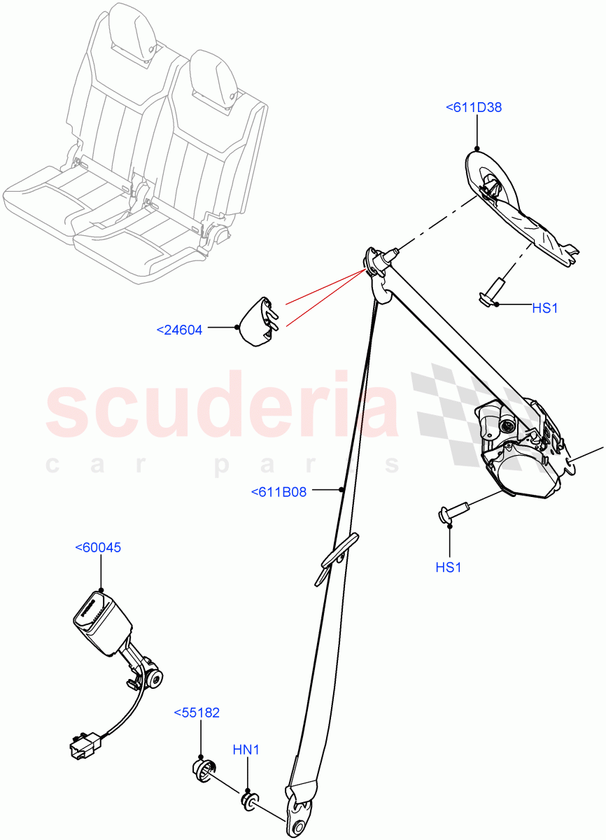 Rear Seat Belts (Solihull Plant Build, Row 3) (With 7 Seat Configuration) ((V) FROMHA000001) of Land Rover Land Rover Discovery 5 (2017+) [3.0 I6 Turbo Petrol AJ20P6]